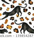 Seamless animal background. Panther with leopard spots. Hand-drawn watercolor illustration isolated on a white background. Watercolor wild cat illustration for textile design, wallpaper 139854287