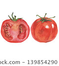 Tomatoes and cut watercolor illustration isolated on white background. Design, card, poster, textile, menu, book, sticker, packing, print, label. 139854290