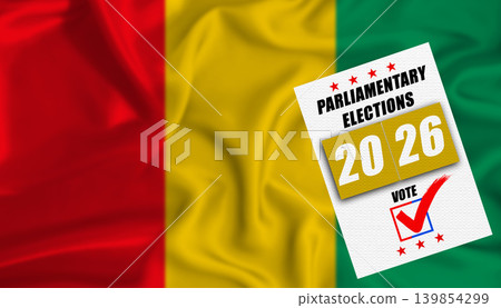 Guinea parliamentary elections with flag in the background. Ballot on a Guinean flag, concept Guinea parliamentary elections with flag in the background. Ballot on a Guinean flag, concept 139854299