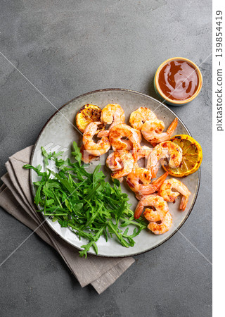 Grilled shrimps, prawns with sweet chili sauce Grilled shrimps, prawns with sweet chili sauce 139854419