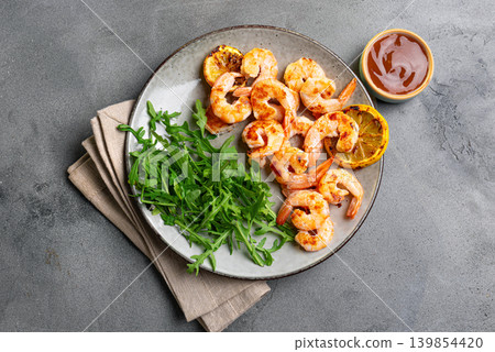 Grilled shrimps, prawns with sweet chili sauce Grilled shrimps, prawns with sweet chili sauce 139854420