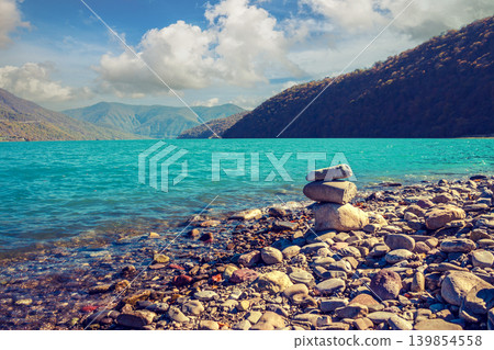 Mountain Lake. Beautiful autumn panoramic view of Zhinvali reservoir in Georgia country, Europe Mountain Lake. Beautiful autumn panoramic view of Zhinvali reservoir in Georgia country, Europe 139854558