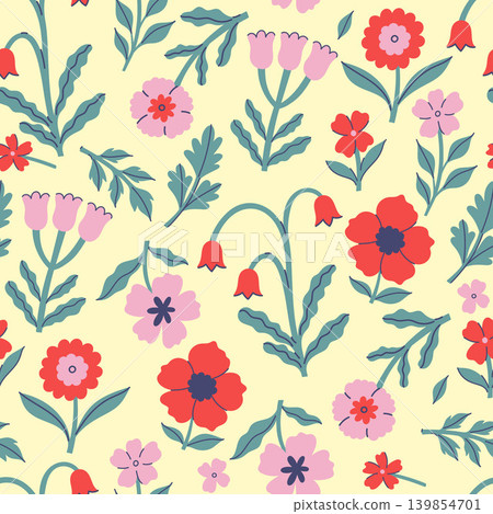 Seamless pattern of different flowers and leaves. Vector graphics. 139854701