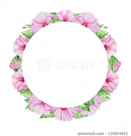 Beautiful pink hibiscus flowers, leaves and buds in a round watercolor frame Beautiful pink hibiscus flowers, leaves and buds in a round watercolor frame 139854921