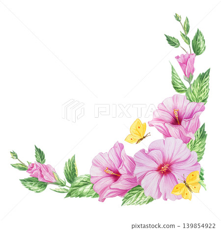 Watercolor pink hibiscus flower composition with green leaves and buds Watercolor pink hibiscus flower composition with green leaves and buds 139854922