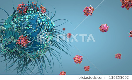 Dendritic cell of the human immune system attaching to a virus particle to present its antigen - 3d illustration Dendritic cell of the human immune system attaching to a virus particle to present its antigen - 3d illustration 139855092