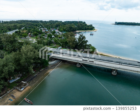 Aerial view of Sarasin bridge road transportation background concept The bridge is a between Phang Nga and Phuket island Thailand The bridge is the most important in making business and transportation 139855253
