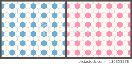 Pink and blue hexagon seamless vector patterns set, Cute soccer ball geometric surface design for baby shower invitations 139855378