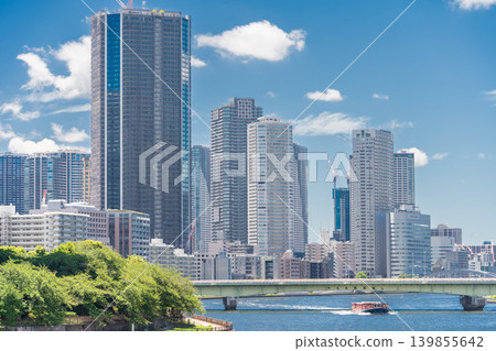 Tokyo: Water bus running on the Sumida River, Chuo Ward Tokyo: Water bus running on the Sumida River, Chuo Ward 139855642