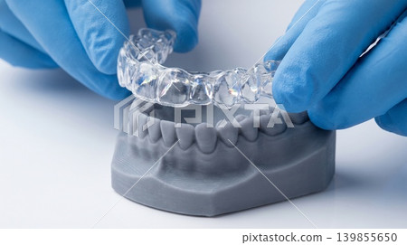 Gloved Hands Placing Clear Aligner on Grey 3D Printed Jaw 139855650