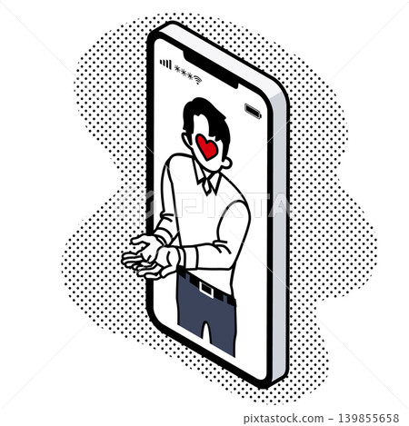 一名男性詐騙者手持智慧型手機,雙手伸出,要求金錢(等距視角) 一名男性詐騙者手持智慧型手機,雙手伸出,要求金錢(等距視角) 139855658