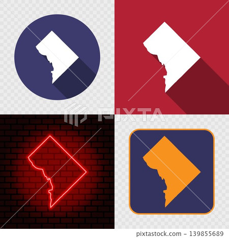 Washington DC Map Icons Set, USA Silhouette Collection in Flat, Minimal and Neon Styles. Washington DC Map Icons Set, USA Silhouette Collection in Flat, Minimal and Neon Styles. 139855689