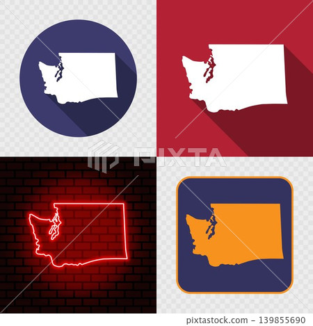 Washington State Map Icons Set, USA Silhouette Collection in Flat, Minimal and Neon Styles. Washington State Map Icons Set, USA Silhouette Collection in Flat, Minimal and Neon Styles. 139855690