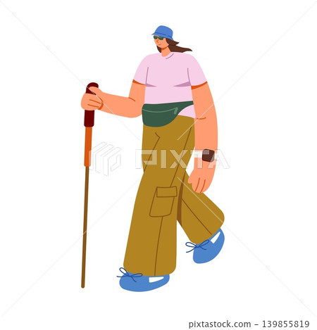 Hiking woman walking with a trekking pole in flat style illustration 139855819