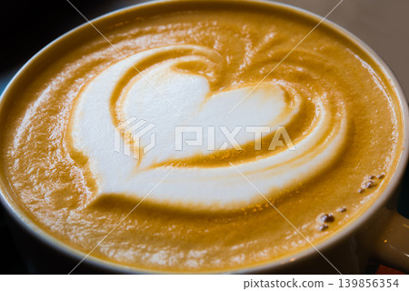 Close-up of a cafe latte with latte art. Close-up of a cafe latte with latte art. 139856354