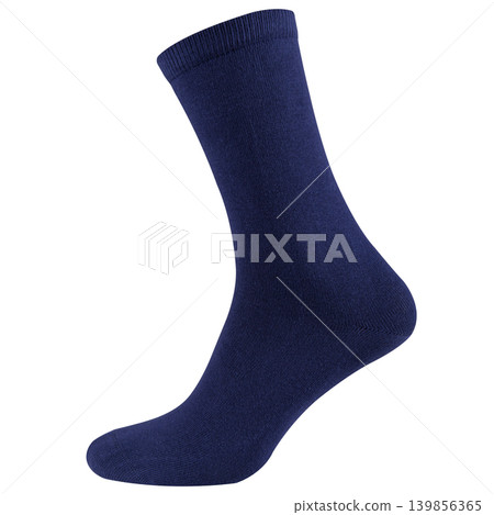 Dark blue cotton sock on invisible mannequin isolated on white background, side view 139856365