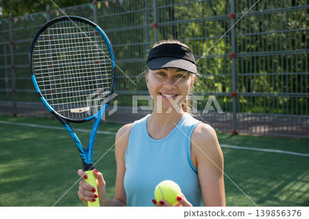 Female tennis player with racket and ball on green outdoor court Female tennis player with racket and ball on green outdoor court 139856376