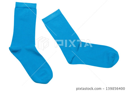 A pair of thin blue floating cotton socks, on a white background, flat lay, isolated A pair of thin blue floating cotton socks, on a white background, flat lay, isolated 139856400