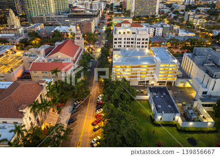 Aerial view of St Petersburg, Florida at golden hour. Coastal urban center with modern downtown district and surrounding neighborhoods. 139856667