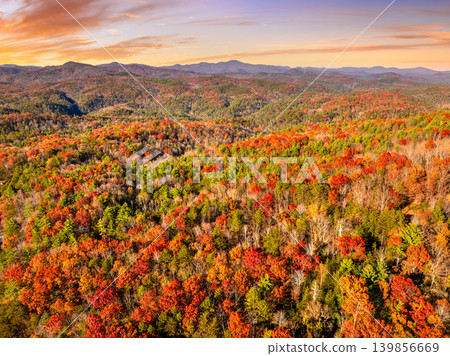 Colorful forest sunset landscape of Appalachian mountain hills in fall season. Yellow and orange canopies create vibrant autumn scenery. Colorful forest sunset landscape of Appalachian mountain hills in fall season. Yellow and orange canopies create vibrant autumn scenery. 139856669