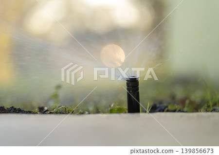 Lawn grass watering with automated sprinkler irrigation system Lawn grass watering with automated sprinkler irrigation system 139856673