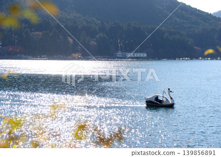波光粼粼的湖面和天鵝船點綴其間的湖景。 波光粼粼的湖面和天鵝船點綴其間的湖景。 139856891