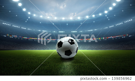 Soccer ball on the pitch with national flags in stadium at night. Soccer ball on the pitch with national flags in stadium at night. 139856962