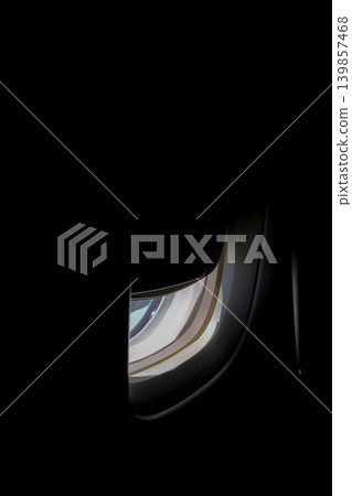 The inside of airplane, airplane window. Airplane window with beautiful skyscape. Travel and transportation concept. 139857468