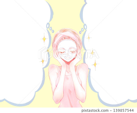 Woman applying a face mask; sparkling; cloud-shaped speech bubble. 139857544