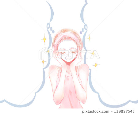 Woman applying a face mask; sparkling; cloud-shaped speech bubble. Woman applying a face mask; sparkling; cloud-shaped speech bubble. 139857545