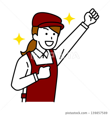 A female cafe employee celebrates with a fist pump. A female cafe employee celebrates with a fist pump. 139857589