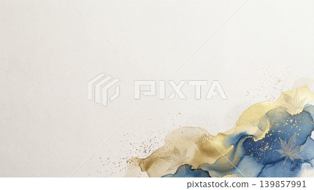 A natural-colored Japanese paper background with elegant blue and gold brushstrokes and tortoiseshell and maple leaf patterns in the lower right corner. 139857991
