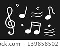 一組插圖，以白色線條勾勒出音符、高音譜號和星星的圖案。簡單的音樂素材。 139858502