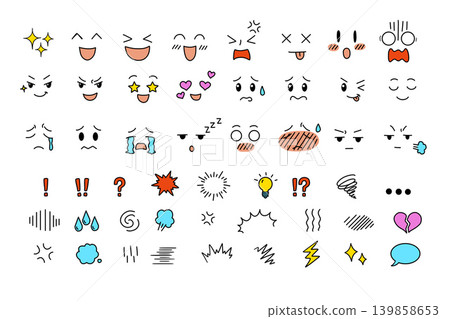 Manga face set, cute comic emoticon collection, hand drawn expression doodle. Happy sad angry surprise emotion symbol, cartoon reaction sticker graphic. Manga face set, cute comic emoticon collection, hand drawn expression doodle. Happy sad angry surprise emotion symbol, cartoon reaction sticker graphic. 139858653