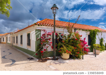 Traditional Portuguese house with flowers and tiled pavement in Cascais Traditional Portuguese house with flowers and tiled pavement in Cascais 139858849