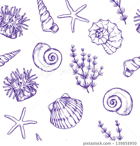 Sea world. Seamless print of shells and seaweed. Vector illustration in sketch style. Sea world. Seamless print of shells and seaweed. Vector illustration in sketch style. 139858950