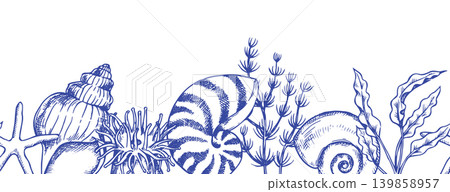 Sea world. Seamless border of shells and seaweed. Vector illustration in sketch style. Sea world. Seamless border of shells and seaweed. Vector illustration in sketch style. 139858957