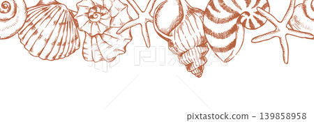 Sea world. Seamless border of shells and seaweed. Vector illustration in sketch style. Sea world. Seamless border of shells and seaweed. Vector illustration in sketch style. 139858958