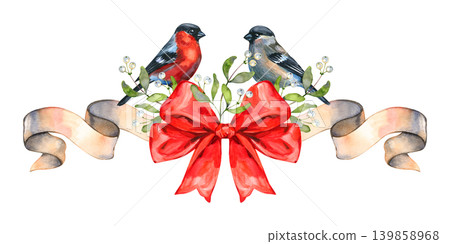 Watercolor Christmas arrangement with bullfinch and great tit birds, a central red bow, a beige ribbon, greenery, and white berries. Symmetrical festive illustration for invitations, greeting cards Watercolor Christmas arrangement with bullfinch and great tit birds, a central red bow, a beige ribbon, greenery, and white berries. Symmetrical festive illustration for invitations, greeting cards 139858968