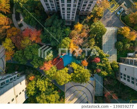 High-rise residential complex viewed from above, showcasing dense buildings and vibrant autumn trees with urban roads High-rise residential complex viewed from above, showcasing dense buildings and vibrant autumn trees with urban roads 139859277