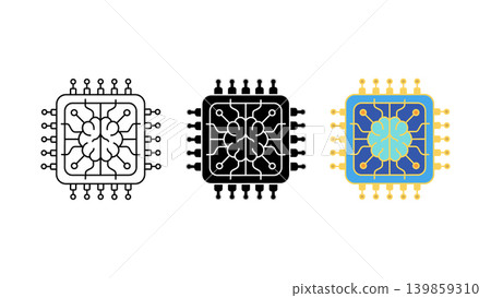 Artificial Intelligence Microchip Icon Set with Brain on Circuit Board Artificial Intelligence Microchip Icon Set with Brain on Circuit Board 139859310