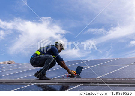 Engineer service check installation solar cell on the roof of factory. Engineer service check installation solar cell on the roof of factory. 139859529