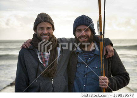 Fisherman, friends and hug with portrait for fishing in the morning by sea with happiness, bonding and sky. Friendship, men and face with smile, embrace or rod by water for hobby, holiday or activity 139859577