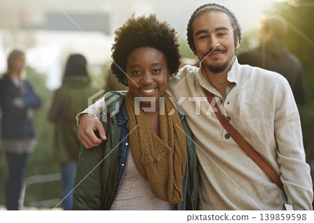 Students, university and portrait of couple of friends on campus with hug and embrace outdoor. College, school education and diversity with a happy smile from bonding and walking to class for study Students, university and portrait of couple of friends on campus with hug and embrace outdoor. College, school education and diversity with a happy smile from bonding and walking to class for study 139859598