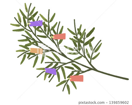 An illustration of a bamboo leaf decorated with colorful strips of paper for Tanabata (Star Festival). An illustration of a bamboo leaf decorated with colorful strips of paper for Tanabata (Star Festival). 139859602