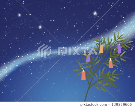 Illustration of the night sky with the Milky Way and bamboo decorations for Tanabata (Star Festival). Illustration of the night sky with the Milky Way and bamboo decorations for Tanabata (Star Festival). 139859606