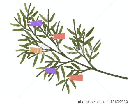An illustration of a bamboo leaf decorated with colorful strips of paper for Tanabata (Star Festival). An illustration of a bamboo leaf decorated with colorful strips of paper for Tanabata (Star Festival). 139859610