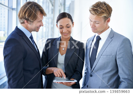 Meeting, teamwork and business people in office with tablet for legal company, law firm and collaboration. Corporate, attorney and lawyers on digital tech for online research, website and networking 139859663