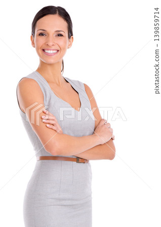 Portrait, smile and business woman with arms crossed in studio isolated on a white background. Confidence, professional and happy consultant, entrepreneur and employee working on career in Spain Portrait, smile and business woman with arms crossed in studio isolated on a white background. Confidence, professional and happy consultant, entrepreneur and employee working on career in Spain 139859714