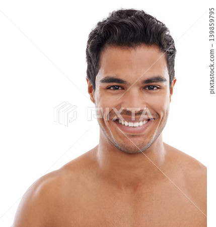 Portrait, skincare or happy man in studio for wellness, treatment or glowing skin on white background. Face, body or mexican model with beauty, care or dermatology, routine or result satisfaction Portrait, skincare or happy man in studio for wellness, treatment or glowing skin on white background. Face, body or mexican model with beauty, care or dermatology, routine or result satisfaction 139859795